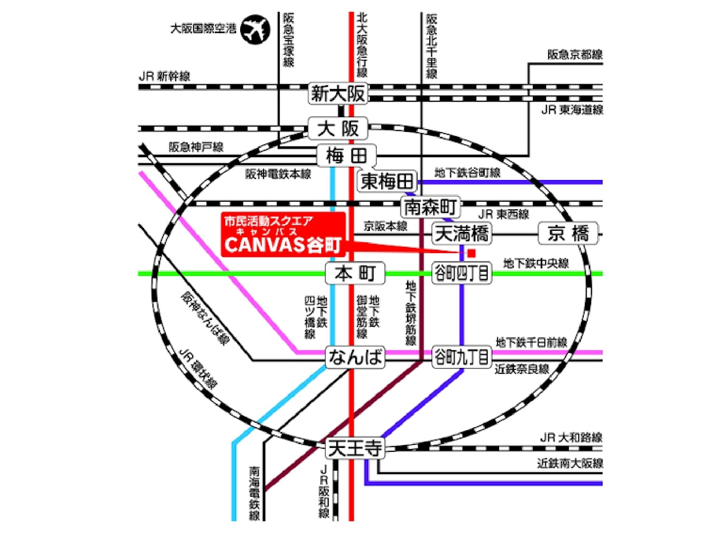 市民活動スクエアCANVAS谷町までの路線図